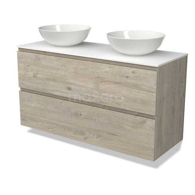 Modulo Plato Vanity units for countertop basin | 120 cm Light grey oak Handle-less front Solid surface worktop 2 Stacked drawers BMK17-03775