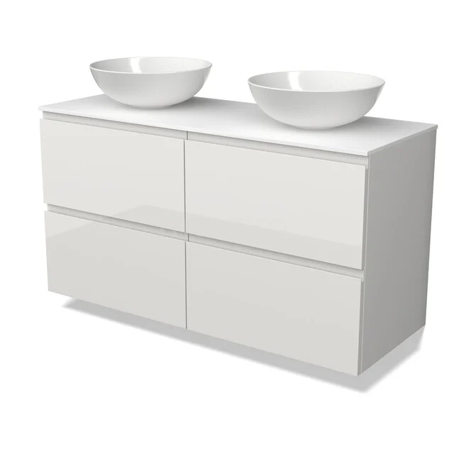 Modulo Plato Vanity units for countertop basin | 120 cm High-gloss white Handle-less front Solid surface worktop 4 drawers BMK18-02479 Modulo Plato Vanity units for countertop basin | 120 cm High-gloss white Handle-less front Solid surface worktop 4 drawers BMK18-02479