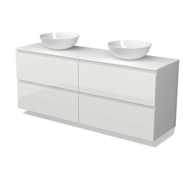 Möbel für Aufsatzwaschbecken BMK18-02482 Weißes Hochglanz-Badmöbel mit Doppelwaschbecken; modernes Design, geräumige Schubladen.