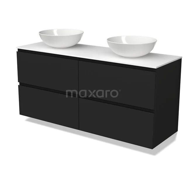 Zwart badkamermeubel met dubbele wastafel, strak design en vier lades, ideaal voor moderne badkamerindelingen.