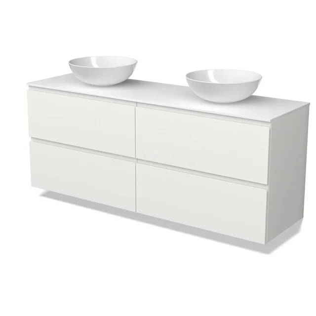 Weiße Badmöbelset mit doppelten Aufsatzwaschbecken, modernem Design, vier Schubladen und sauberer Verarbeitung für ein stilvolles Badezimmer.