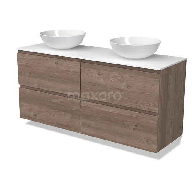 Hölzernes Badezimmermöbel mit Doppelwaschbecken, modernes Design, vier Schubladen und weißen keramischen Aufsatzwaschbecken.