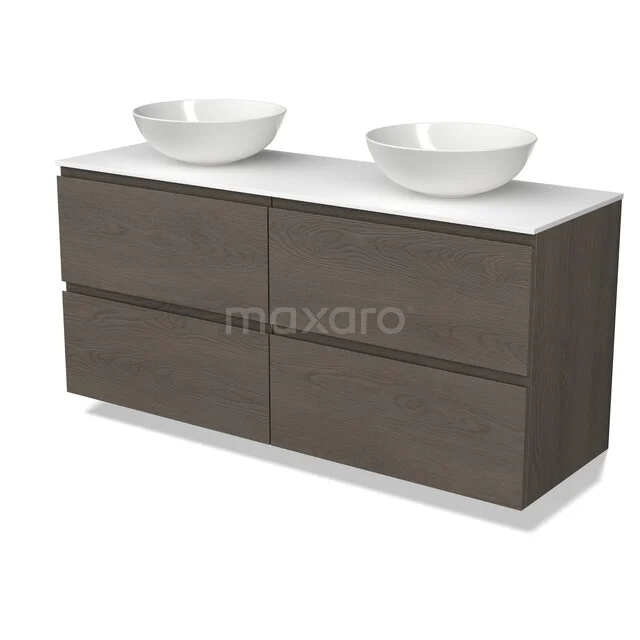 Modulo Plato Vanity units for countertop basin | 140 cm Dark brown oak Handle-less front Solid surface worktop 4 drawers BMK18-02562 Modulo Plato Vanity units for countertop basin | 140 cm Dark brown oak Handle-less front Solid surface worktop 4 drawers BMK18-02562
