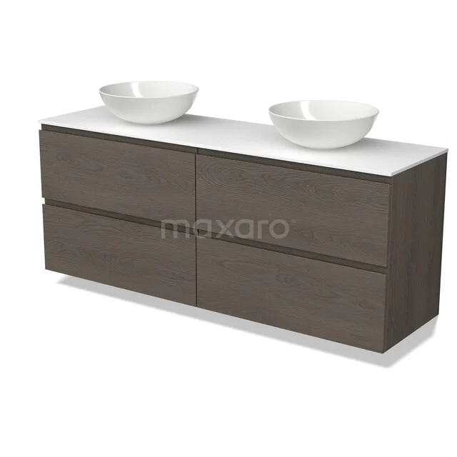 Modulo Plato Vanity units for countertop basin | 160 cm Dark brown oak Handle-less front Solid surface worktop 4 drawers BMK18-02565 Modulo Plato Vanity units for countertop basin | 160 cm Dark brown oak Handle-less front Solid surface worktop 4 drawers BMK18-02565