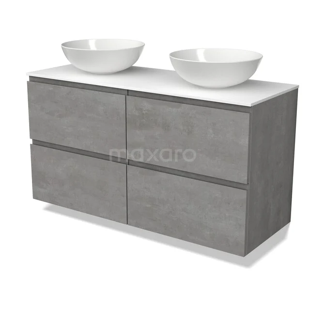 Modulo Plato Badmöbel mit Aufsatzwaschbecken | 120 cm Hellgrauer Beton Grifflos front Solid Surface blatt 4 Schubladen BMK18-02581 Graue Badmöbelset mit doppelten weißen Aufsatzwaschbecken, modernem Betonlook und vier geräumigen Schubladen für praktischen Stauraum.