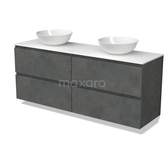 Modern anthrazit Badezimmermöbel mit doppelten Aufsatzwaschbecken, klaren Design und Softclose Schubladen für ein stilvolles Badezimmer.