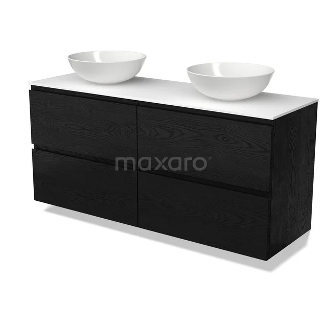 Schwarzes doppeltes Badezimmermöbel mit weißen keramischen Aufsatzwaschbecken, modernes Design aus der Luxe Line-Serie.