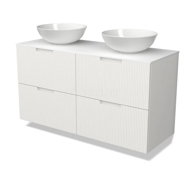 Weißes Badezimmermöbel mit vier Schubladen, modernes Design, einschließlich doppelter weißer Aufsatzwaschbecken, ideal für ein stilvolles Badezimmer.