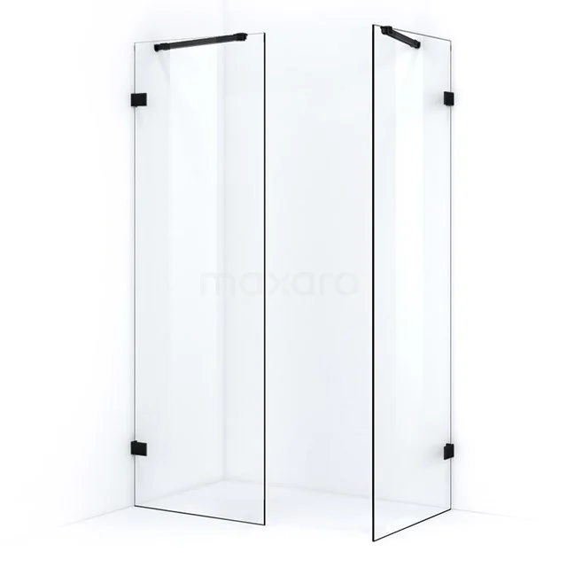 Glasene Duschkabine mit zwei klaren Türen, schwarzen Scharnieren, minimalistisches Design geeignet für moderne Bäder.