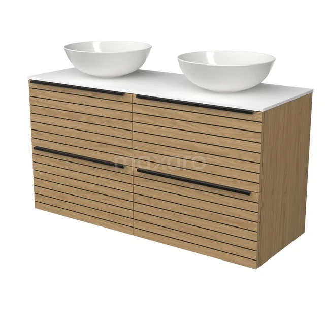 Modulo Plato Badkamermeubel voor waskom | 120 cm Naturel fineer Strook front Solid surface blad 4 lades BMK18-02594 Modulo Plato Badkamermeubel voor waskom | 120 cm Naturel fineer Strook front Solid surface blad 4 lades BMK18-02594