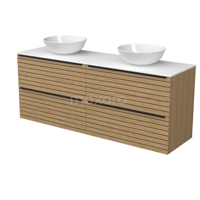 Modulo Plato Vanity units for countertop basin | 160 cm Natural veneer Strip front Solid surface worktop 4 drawers BMK18-02596 Modulo Plato Vanity units for countertop basin | 160 cm Natural veneer Strip front Solid surface worktop 4 drawers BMK18-02596
