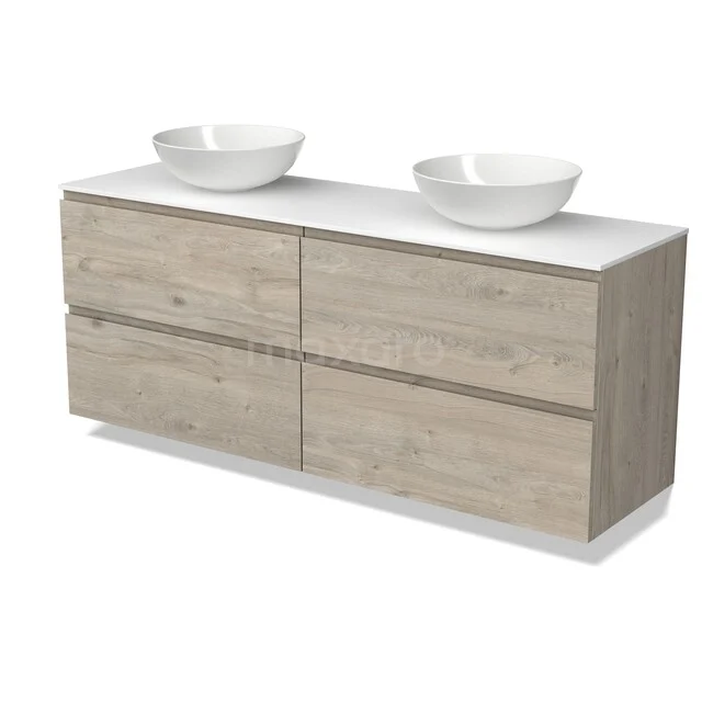 Modulo Plato Vanity units for countertop basin | 160 cm Light grey oak Handle-less front Solid surface worktop 4 drawers BMK18-02598 Modulo Plato Vanity units for countertop basin | 160 cm Light grey oak Handle-less front Solid surface worktop 4 drawers BMK18-02598