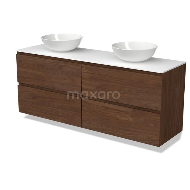 Modulo Plato Vanity units for countertop basin | 160 cm Walnoot Handle-less front Solid surface worktop 4 drawers BMK18-02602 Modulo Plato Vanity units for countertop basin | 160 cm Walnoot Handle-less front Solid surface worktop 4 drawers BMK18-02602