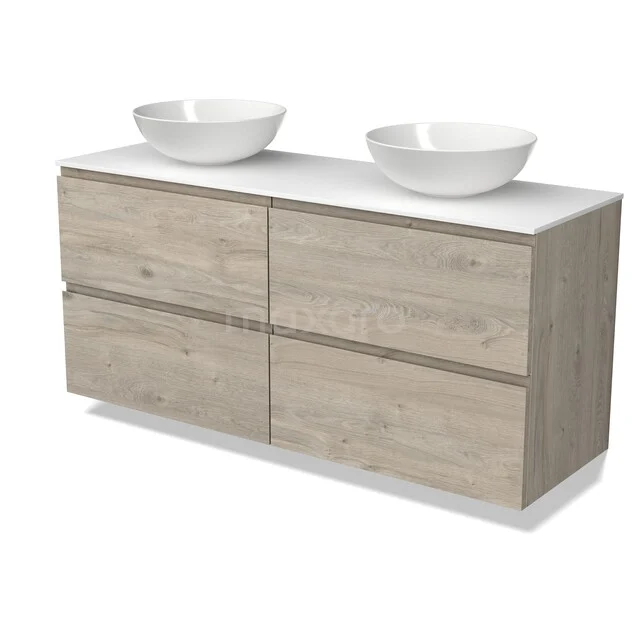 Modulo Plato Vanity units for countertop basin | 140 cm Light grey oak Handle-less front Solid surface worktop 4 drawers BMK18-02603 Modulo Plato Vanity units for countertop basin | 140 cm Light grey oak Handle-less front Solid surface worktop 4 drawers BMK18-02603