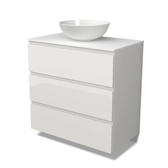 Modulo Plato Badkamermeubel voor waskom | 80 cm Hoogglans wit Greeploos front Solid surface blad 3 lades BMK19-01849 Modulo Plato Badkamermeubel voor waskom | 80 cm Hoogglans wit Greeploos front Solid surface blad 3 lades BMK19-01849