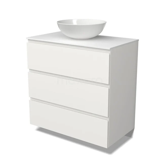 Modulo Plato Badkamermeubel voor waskom | 80 cm Mat wit Greeploos front Solid surface blad 3 lades BMK19-01851 Modulo Plato Badkamermeubel voor waskom | 80 cm Mat wit Greeploos front Solid surface blad 3 lades BMK19-01851