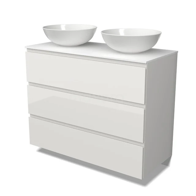 Modulo Plato Badkamermeubel voor waskom | 100 cm Hoogglans wit Greeploos front Solid surface blad 3 lades BMK19-01867