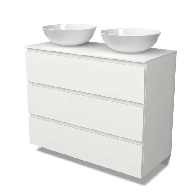 Möbel für Aufsatzwaschbecken BMK19-01869 Weiße Badmöbelset mit 2 runden Waschbecken, minimalistisches Design und grifflose Schubladen, ideal für ein modernes Badezimmer.