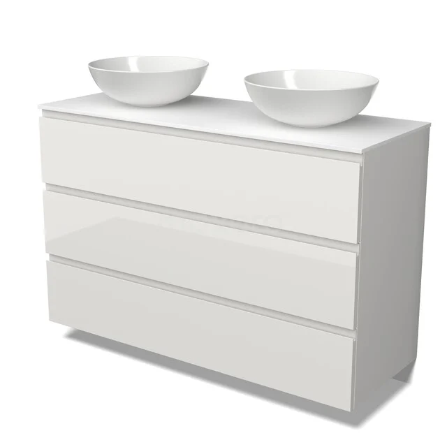 Modulo Plato Vanity units for countertop basin | 120 cm High-gloss white Handle-less front Solid surface worktop 3 drawers BMK19-01886