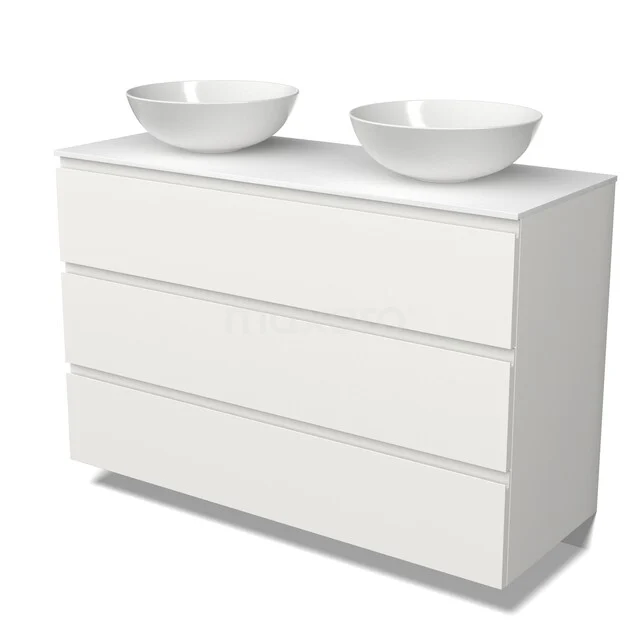 Modulo Plato Badmöbel mit Aufsatzwaschbecken | 120 cm Matt Weiß Grifflos front Solid Surface blatt 3 Schubladen BMK19-01888 Weißes Badezimmermöbel mit modernem Aussehen, ausgestattet mit drei Schubladen und doppelten Aufsatzwaschbecken aus Keramik.