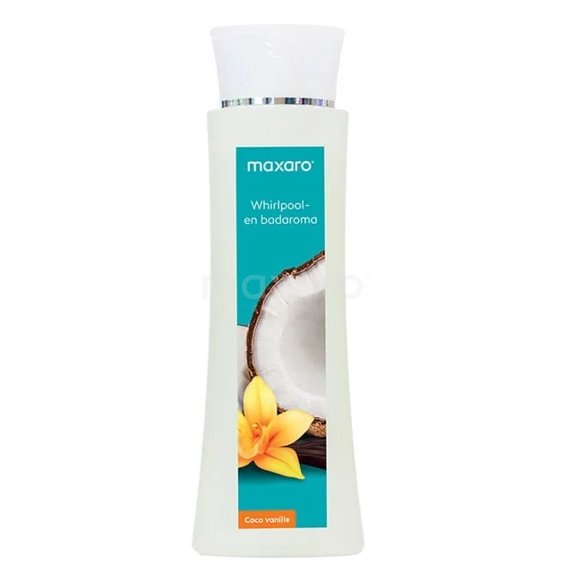 Shampoo mit Kokosnuss- und Vanilleduft, weiße Flasche mit stilvollem blauen Etikett, ideal für die Verwendung im Badezimmer.