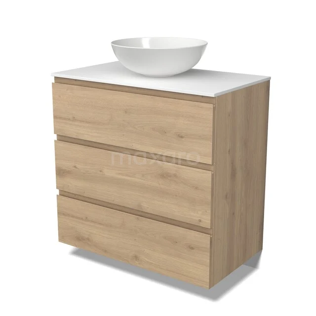 Holz Badezimmermöbel mit weißem Aufsatzwaschbecken, drei Schubladen und einem schlichten modernen Design für eine stilvolle Badezimmergestaltung.