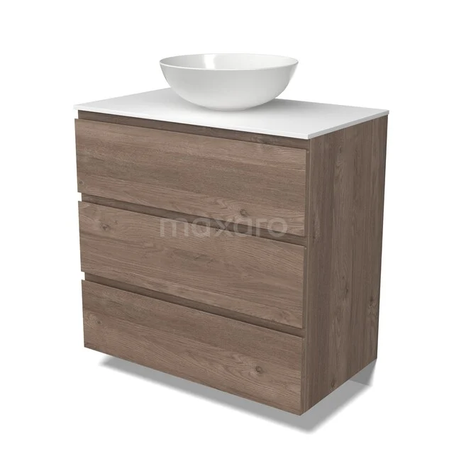 Modulo Plato Vanity units for countertop basin | 80 cm Mid brown oak Handle-less front Solid surface worktop 3 drawers BMK19-01900