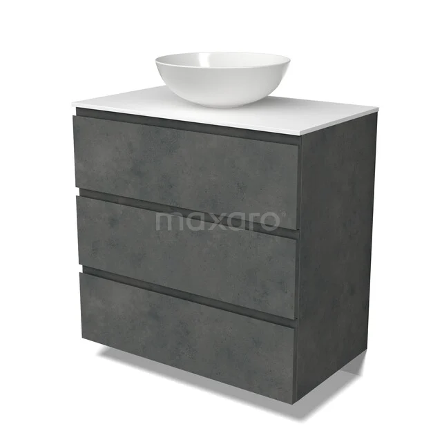 Dunkelgraue Badmöbelset mit Betonlook, drei Schubladen und einem weißen Aufsatzwaschbecken, ideal für moderne Bäder.