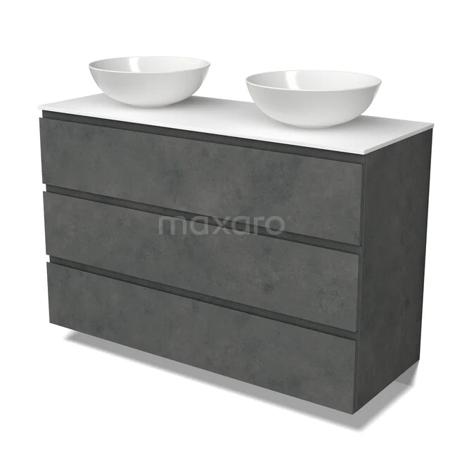 Modulo Plato Vanity units for countertop basin | 120 cm Dark grey concrete Handle-less front Solid surface worktop 3 drawers BMK19-01916 Modulo Plato Vanity units for countertop basin | 120 cm Dark grey concrete Handle-less front Solid surface worktop 3 drawers BMK19-01916