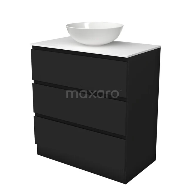 Modulo Plato Vanity units for countertop basin | 80 cm Matte black Handle-less front Solid surface worktop 3 standing drawers BMK19S-00380 Modulo Plato Vanity units for countertop basin | 80 cm Matte black Handle-less front Solid surface worktop 3 standing drawers BMK19S-00380