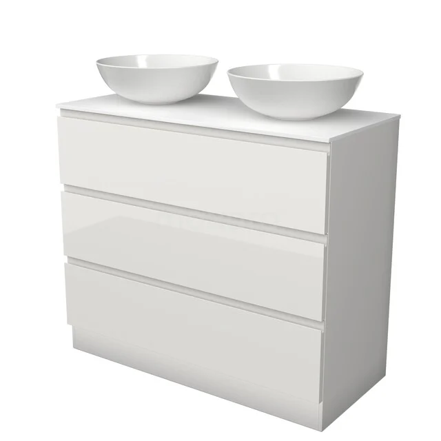 Möbel für Aufsatzwaschbecken BMK19S-00387 Weißes Badezimmermöbel mit zwei runden Aufsatzwaschbecken, modernem Design, Hochglanzoberfläche und drei geräumigen Schubladen.