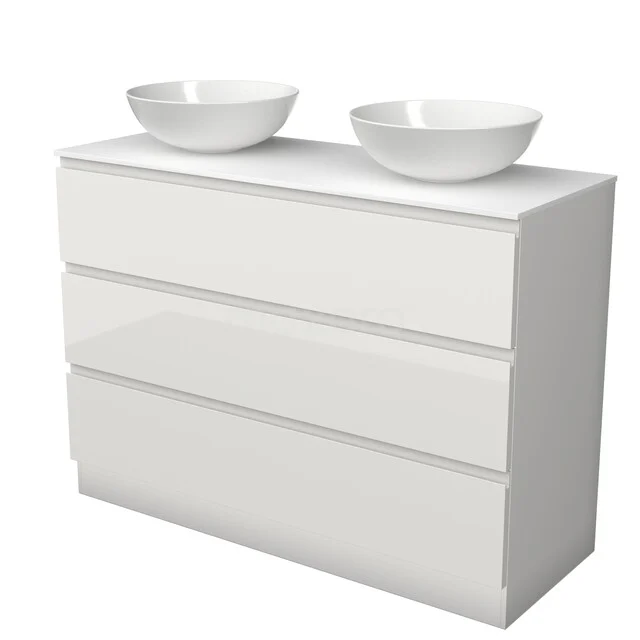 Modulo Plato Vanity units for countertop basin | 120 cm High-gloss white Handle-less front Solid surface worktop 3 standing drawers BMK19S-00392