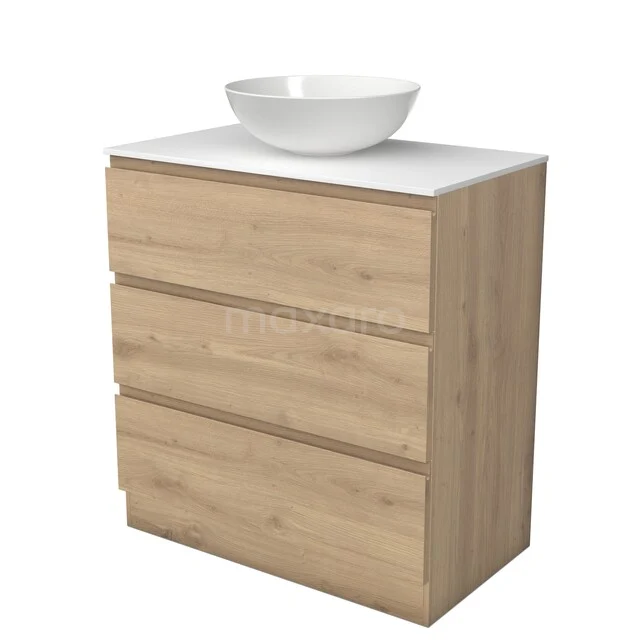 Modulo Plato Vanity units for countertop basin | 80 cm Light brown oak Handle-less front Solid surface worktop 3 standing drawers BMK19S-00394 Modulo Plato Vanity units for countertop basin | 80 cm Light brown oak Handle-less front Solid surface worktop 3 standing drawers BMK19S-00394