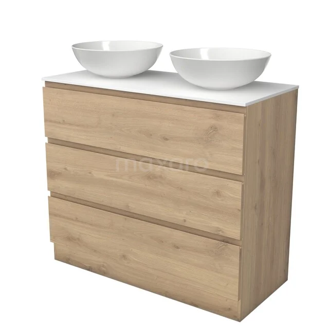 Modulo Plato Badkamermeubel voor waskom | 100 cm Lichtbruin eiken Greeploos front Solid surface blad 3 lades staand BMK19S-00395