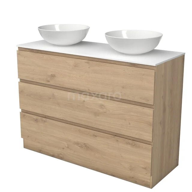 Modulo Plato Badmöbel mit Aufsatzwaschbecken | 120 cm Hellbraune Eiche Grifflos front Solid Surface blatt 3 stehende Schubladen BMK19S-00396 Hölzernes Badezimmermöbel mit drei Schubladen, weißer Platte und zwei ovalen Aufsatzwaschbecken, perfekt für eine moderne Bäderumgebung.