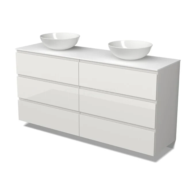 Modulo Plato Vanity units for countertop basin | 160 cm High-gloss white Handle-less front Solid surface worktop 6 drawers BMK20-00374 Modulo Plato Vanity units for countertop basin | 160 cm High-gloss white Handle-less front Solid surface worktop 6 drawers BMK20-00374