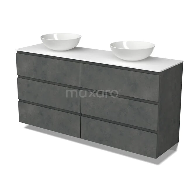 Modulo Plato Badmöbel mit Aufsatzwaschbecken | 160 cm Dunkelgrauer Beton Grifflos front Solid Surface blatt 6 Schubladen BMK20-00391 Graue Badmöbel mit doppeltem Aufsatzwaschbecken, strenger Betonoptik und geräumigen Stauraumfächern für stilvolle Badezimmergestaltung.