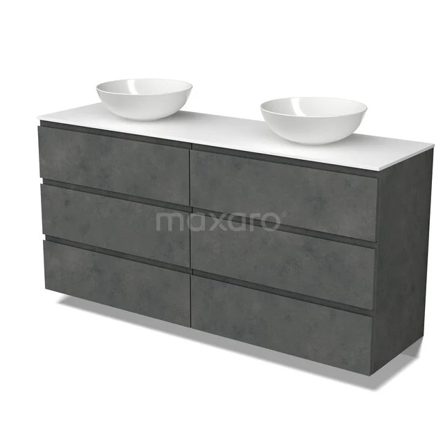 Modulo Plato Vanity units for countertop basin | 160 cm Dark grey concrete Handle-less front Solid surface worktop 6 drawers BMK20-00391 Modulo Plato Vanity units for countertop basin | 160 cm Dark grey concrete Handle-less front Solid surface worktop 6 drawers BMK20-00391