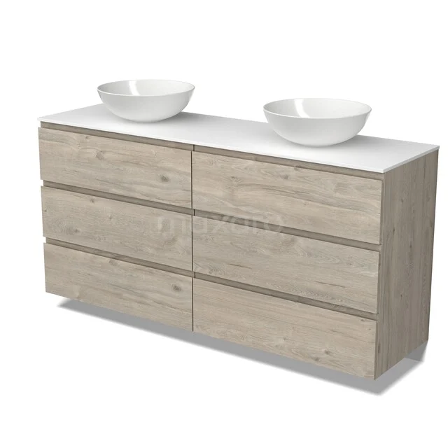 Modulo Plato Vanity units for countertop basin | 160 cm Light grey oak Handle-less front Solid surface worktop 6 drawers BMK20-00394 Modulo Plato Vanity units for countertop basin | 160 cm Light grey oak Handle-less front Solid surface worktop 6 drawers BMK20-00394