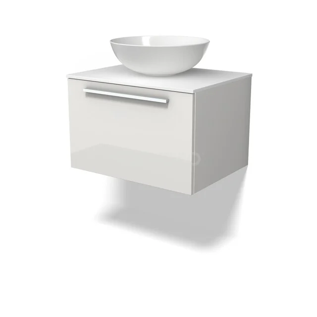 Wit hangend badkamermeubel met glanzende lade en ronde opzetwaskom, ideaal voor een moderne badkamer inrichting.