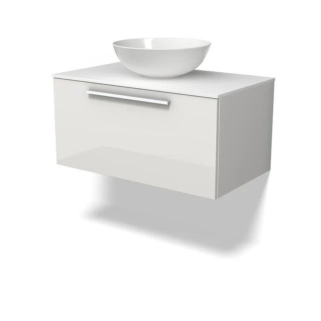 Modulo Plato Badkamermeubel voor waskom | 80 cm Hoogglans wit Vlak front Solid surface blad 1 lade BMK11-03104