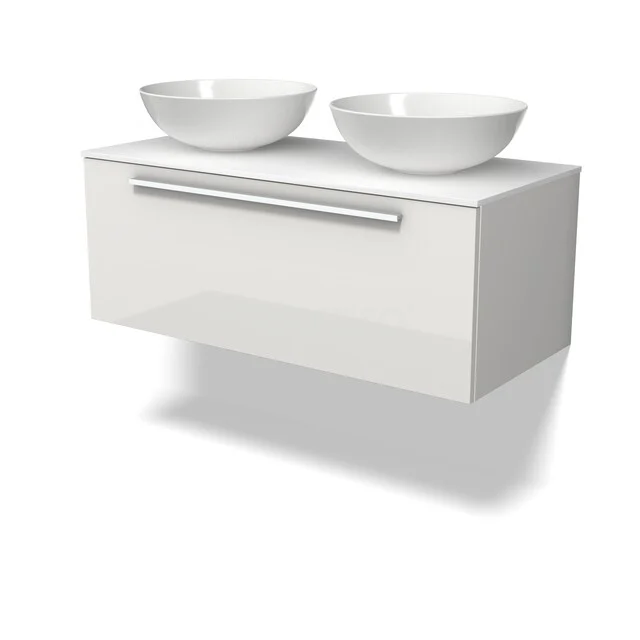 Modulo Plato Vanity units for countertop basin | 100 cm High-gloss white Flat front Solid surface worktop 1 drawer BMK11-03106 Modulo Plato Vanity units for countertop basin | 100 cm High-gloss white Flat front Solid surface worktop 1 drawer BMK11-03106