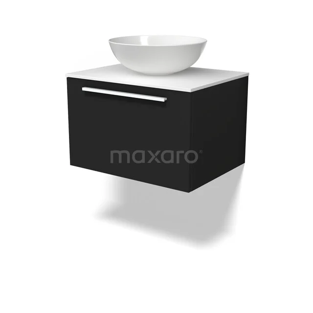 Schwarzes hängendes Badmöbel mit weißem Aufsatzwaschbecken, elegantes Design, Softclose-Schublade und hochwertigem Material für moderne Bäder.