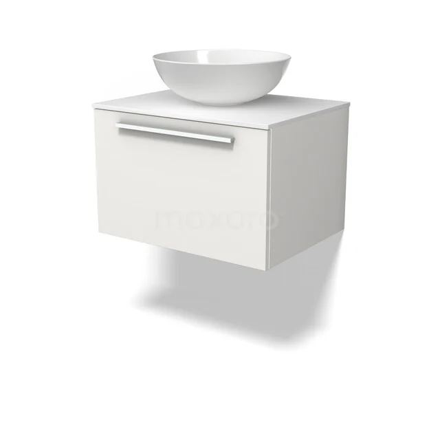 Wit hangend badkamermeubel met ronde waskom, modern design, hoogglans afwerking en minimalistische houten lade.