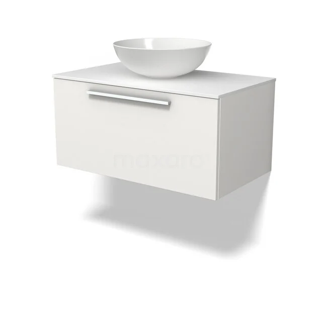 Weißes schwebendes Badezimmermöbel mit einem keramischen Aufsatzwaschbecken und Aluminium Haltegriff, ideal für eine moderne Badezimmer Einrichtung.