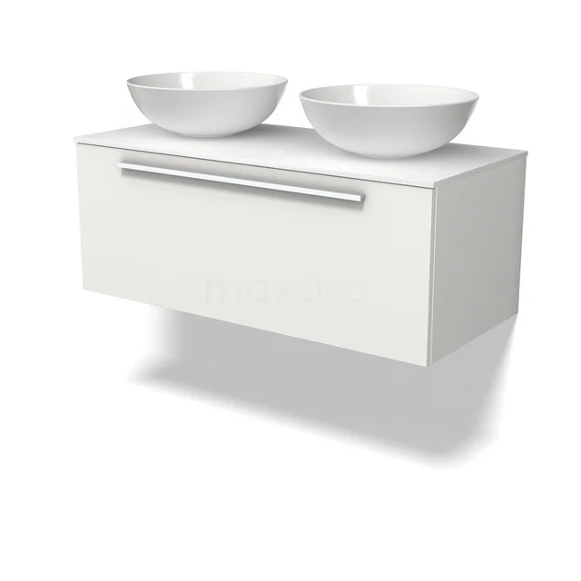 Möbel für Aufsatzwaschbecken BMK11-03127 Weißes schwebendes Badmöbel mit zwei runden Waschbecken, schlankem Design und Softclose-Schublade. Perfekt für moderne Bäder.