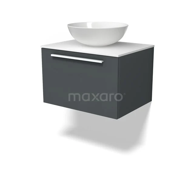 Zwevende graue Badmöbel mit weißem komfömigen Waschbecken, straffes Design und metallischem Haltegriff.