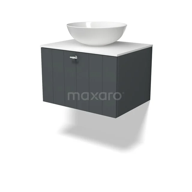 Dunkelgrauer hängender Badschrank mit weißer Waschbecken, modernes Design, perfekt für kompakte Badezimmer.