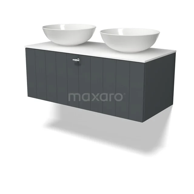 Modulo Plato Badmöbel mit Aufsatzwaschbecken | 100 cm Dunkelgrau Lamelle front Solid Surface blatt 1 Schublade BMK11-03136 Graues Badezimmermöbel mit zwei weißen Aufsatzwaschbecken, modernes Design, Wandmontage, aus der Luxus Keramik-Serie.