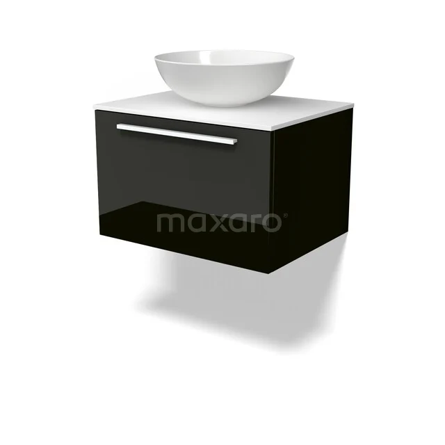 Schwarz schwebendes Badmöbel mit Schublade und weißem Aufsatzwaschbecken, modernes Design, ideal für stilvolle Badezimmergestaltung.